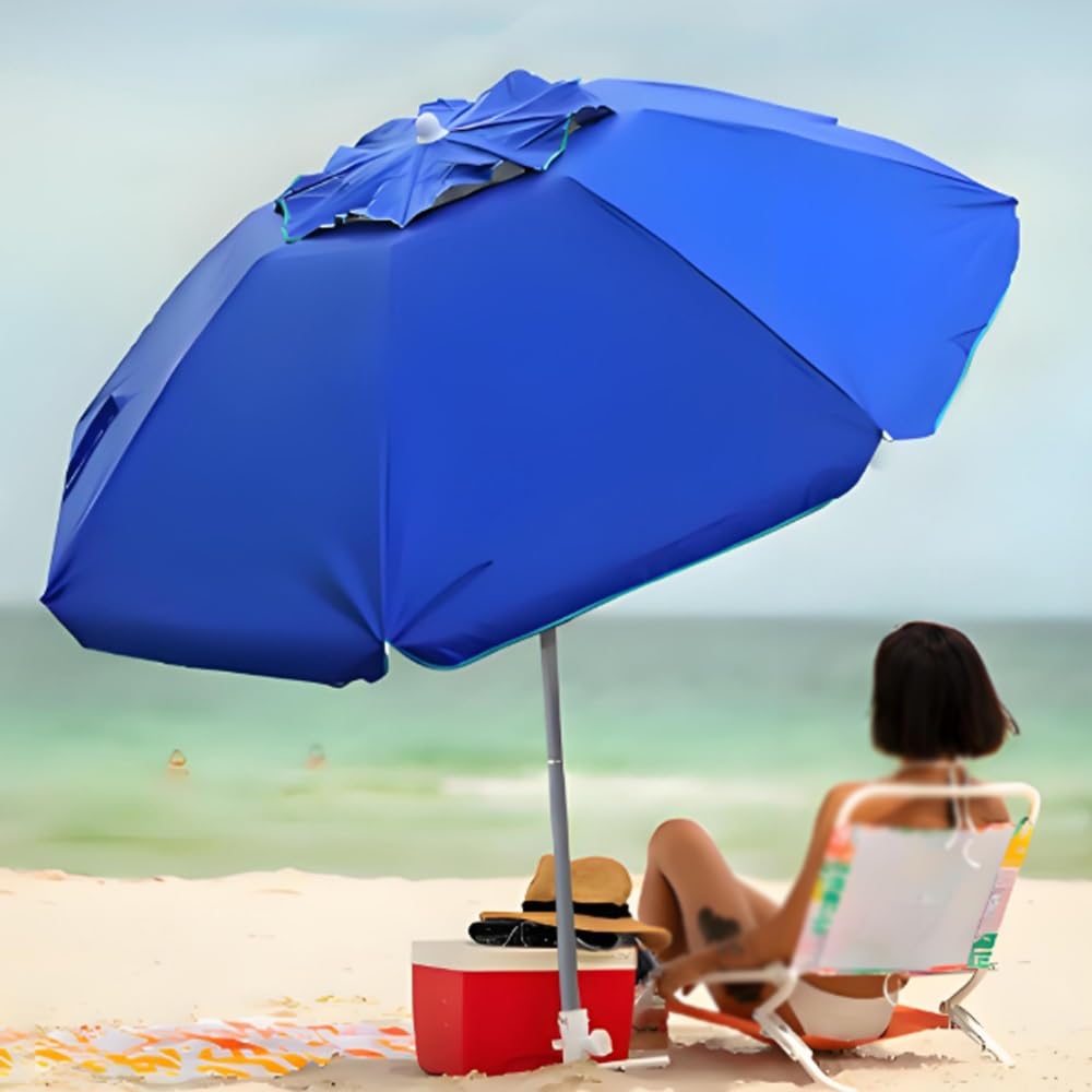 Strandschirm mit Sand Anker Ø 200cm, Sonnenschirm Portable knickbar, Tragetasche UV-Schutz 50+ für Strand Pool Garten(Blue Lake)