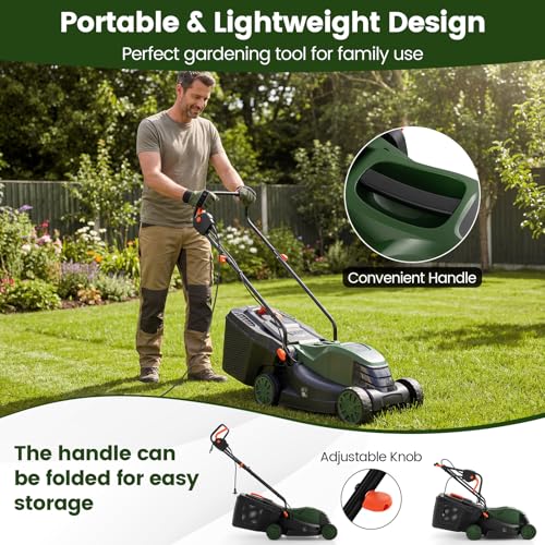 Image of DORTALA Lawn Mower, Corded 14 inch Electric Push Mower, 3-Position Cutting Height Adjustment, 9.3 Gal Grass Collection Box, 12 AMP Motor, 1500W, Lightweight Walk-Behind Mower for Small Medium Yard (Green)