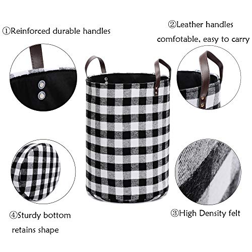 Thick Felt Fabric Laundry Storage Basket Dirty Clothes Toys Sundries Storage Bin With Leather Handle, Decorative Basket For Bedroom, Living Room, Bathroom, Kid's Room, Brat Check, White Black Grid #TOP2