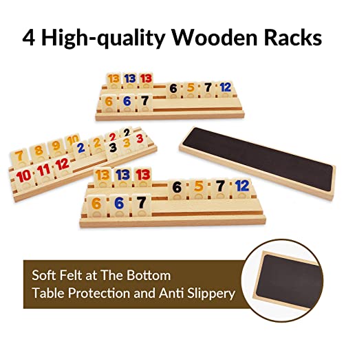 Rummy Cube Game With Case, 106 Rummy Tiles Game Sets With 4 Wooden Racks/Trays, Classic Travel Board Game Sets With 4 Tiles Holders And Portable Case #TOP2