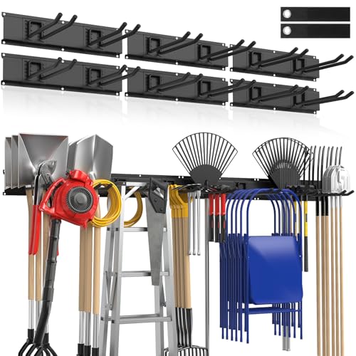Housolution Garage Wall Organizer 96 Inch – 20Pack Carries 720 lbs | Garage Tool Storage System, 6 Rails with 12 Adjustable Metal Hooks, Garden Yard Shed Rack for Rake Broom Mop Snowboard