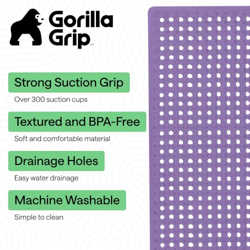 Image of GORILLA GRIP Patented Bath Tub Shower Mat, Machine Washable Bathtub Floor Liner Mats, Suction Cups and Drain Holes to Keep Tubs Clean, Soft on Feet, Bathroom Essentials, 35x16 Inch, Purple Opaque