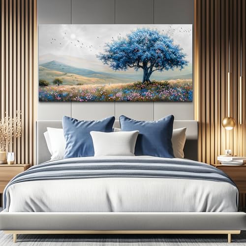 KELIYUAN Large Farmhouse Wall Decor For Living Room Frame Wall Art For Bedroom Office Decoration Field Scenery Wall Painting Blue Trees Artwork canva Pictures Modern Aesthetics Home Decor 30x60In