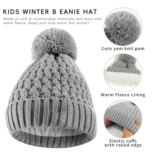 Kids Winter Hat and Gloves Set, Girl Warm Knit Beanie with Pom Fleece Lined for Toddler Boys Girls 1-6 Years3
