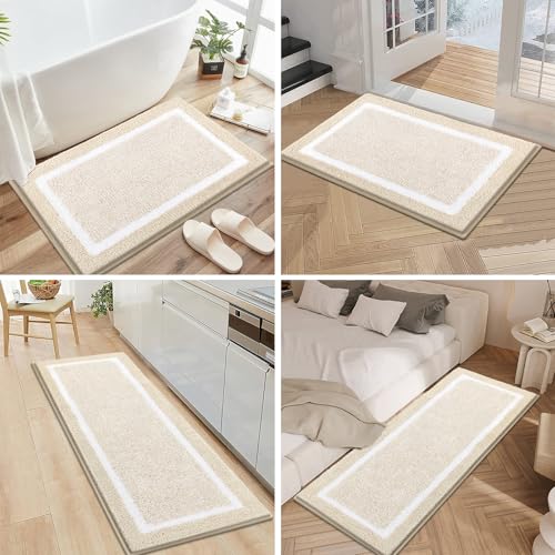 Pauwer Bathroom Rugs Sets 3 Piece Bathroom Shower Rugs with U-Shaped Contour Toilet Mat Absorbent Microfiber Plush Bath Mats Non Slip Bath Rugs Machine Washable Shaggy Bath Floor Mats, Light Beige