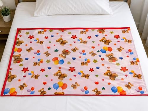 Image of Waterproof PVC Plastic Mattress Protector Double Bed Flat Bedsheet with Elastic for Babies Girls & Boys (Pink Bear)