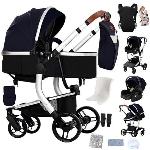 Silla de paseo,carrito bebe 3 en 1,Carrito Bebe de altura ajustable,con vista panorámica,Carro Plegable,incluye bolsa de mamá & portabebés(YG-Azul)