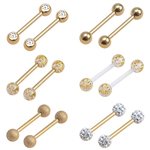 CrazyPiercing 12Pcs Stainless Steel Tongue Ring Barbell Retainer Body Piercing Jewelry 14G