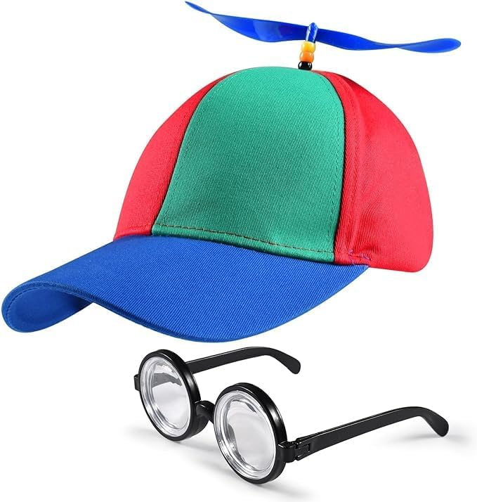 Newtic Gorra Hélice de Colores, Gorro de Helicóptero, con Gafas de Nerd, Sombrero de Hélice, Gorra de Béisbol para Adultos y Niños, para Juego de Roles Fiesta de Cumpleaños Carnaval