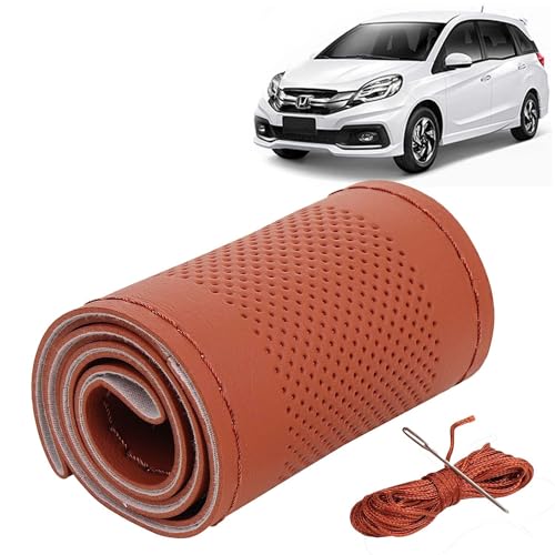 Image of KINGSWAY PU Leatherite Car Steering Cover Sewable Compatible with Honda Mobilio (Year 2013-2016), Tan Color with Tan Thread, Pack of 1 with Sewing Needle and Thread