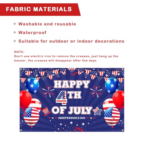 Image of Happy 4TH of July Backdrop, Independence Day Party Banner, Fourth of July Memorial Day Decoration, Veterans Day Party Decor, with 32FT Rope, Red Blue White Props for Photos 5.9x3.6ft Large Flag