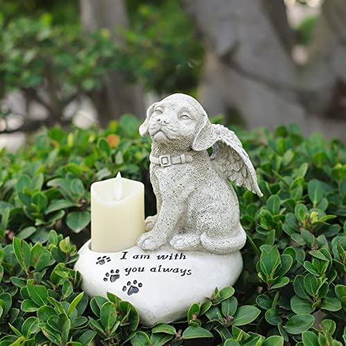 Dog Memorial Statue w/ Flameless LED Candles, Dog Passing Away Gifts, Garden Resin Dog Ornament, Angel Dog Grave Marker, Standing Guardian Dog Statues on Heart Base for Owner, 7.09 inch