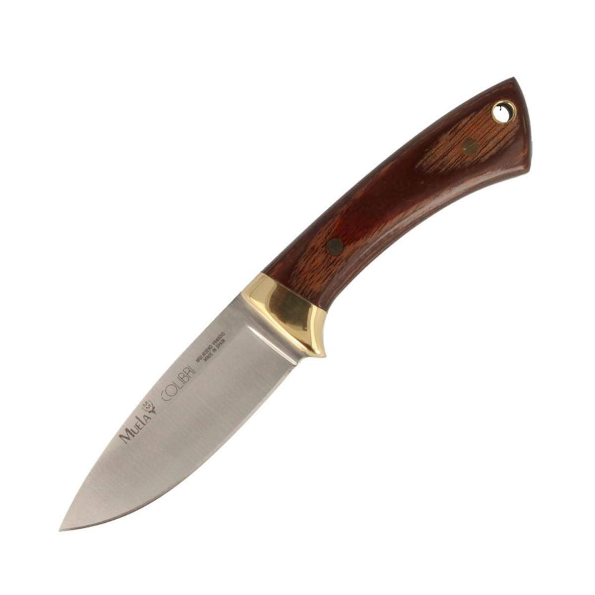 Muela Cuchillo Colibri COL-7M hoja de acero ACX-380 de 7 cm y empuñadura de madera prensada para Caza, Pesca, Supervivencia y Bushcraft Realizado en Ciudad Real + Portabotellas de regalo