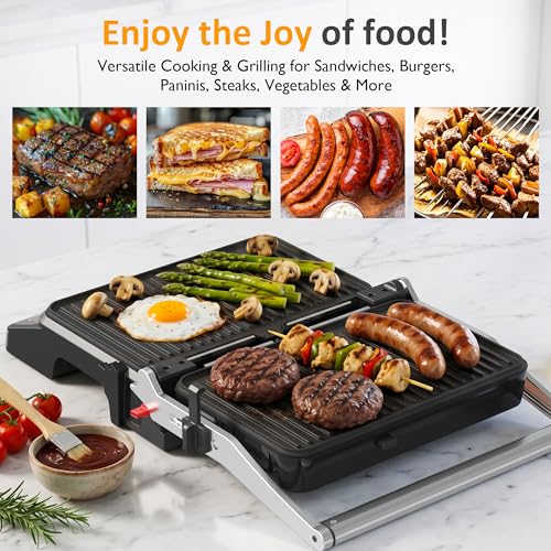 Image of SUNVIVI 3-in-1 Electric Grill Indoor, Panini Press & Sandwich Maker with Removable Plates, 1600W, 8 Cooking Modes, 180 Flat Opening, Adjustable Temp, Ceramic Nonstick Dishwasher Safe, Stainless Steel
