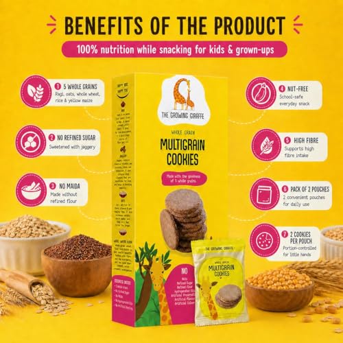 Image of The Growing Giraffe Multigrain and Ragi Cookie- Calcium-Rich Ragi, 5 Whole Grains, No Refined Sugar, No Maida, No palm oil, Nut-Free, Healthy Biscuits with jaggery and butter for Kids & Grown-Up Adults- Pack of 2