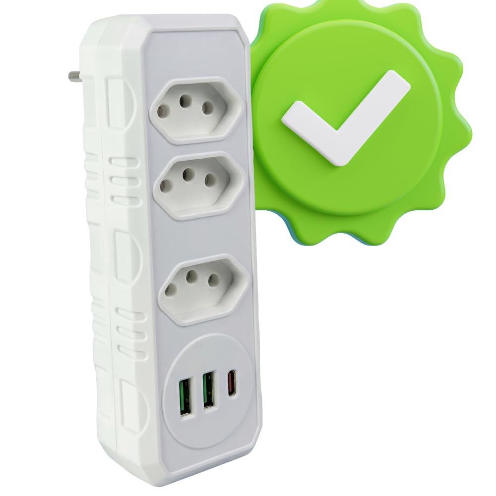 Extensão Régua de Tomadas Premium, 3 Tomadas, 2 Portas USB e 1 Porta USB Tipo-C, Bivolt