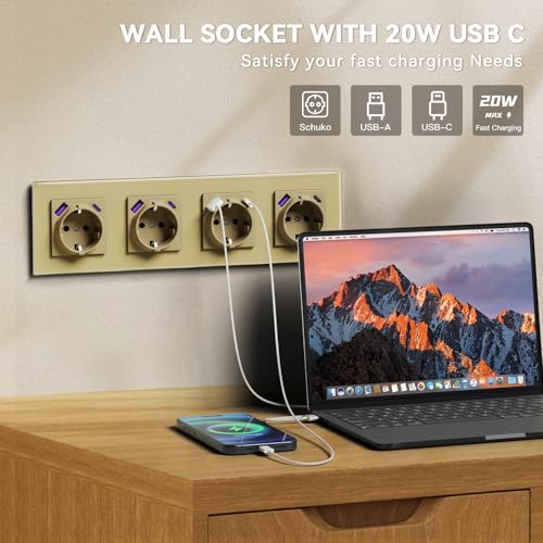 BSEED Steckdose mit USB C 20W, Schnellladen Wandsteckdose mit Krallen, EU-Standard Einbausteckdose Unterputz, Einfach Montage, 16A 250V, NEU E-Serie,4 Fach,299mm Gold