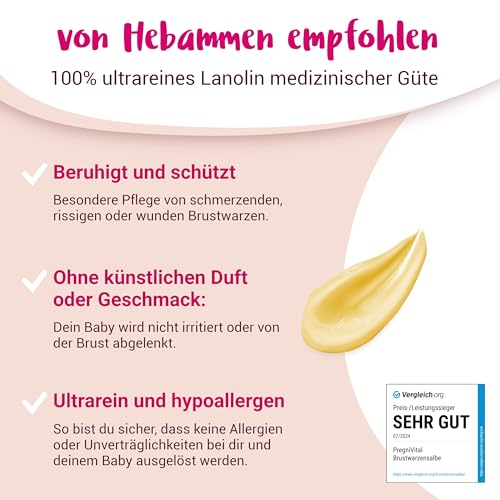 Lanolin Brustwarzensalbe Stillen [30 ml] - Stillsalbe für stillende Mütter bei beanspruchten, trockenen und empfindlichen Brustwarzen - Hypoallergen, ohne Duftstoffe - von PregniVital®