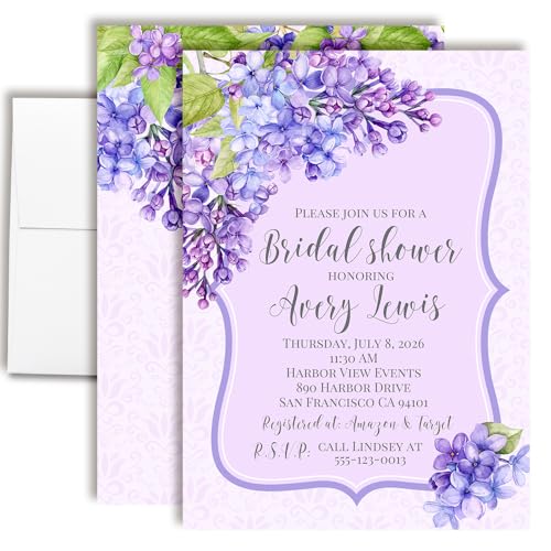 Custom Lilac Floral Bridal Shower Invitations – 30 Purple Bloom