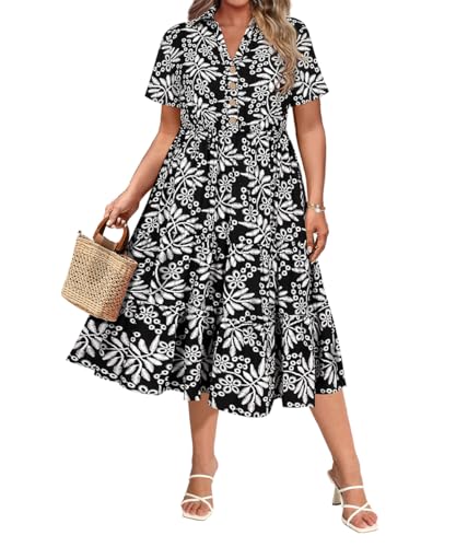 Image of CARCOS Plus Size Dresses for Curvy Women Collared Vneck Short Sleeve Dresses Midi Summer Ruffle Dress with Pocket XL-5XL