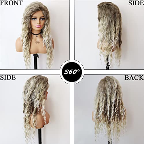 Image of GNIMEGIL Long Ash Blonde Curly Wig for Women - Voluminous Mixed Blonde Water Wave Synthetic Hairpiece - 26 Inch Deep Wavy Glueless Wig for Daily Wear, Party Cosplay
