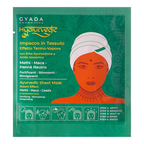 GYADA COSMETICS, Hyalurvedic Impacco Ayurvedico In Tessuto Fortificante, Trattamento Professionale con Cuffia a Effetto Termico, per Capelli Fini e Deboli, con Methi, Maca, Hennè Neutro, 60 ml