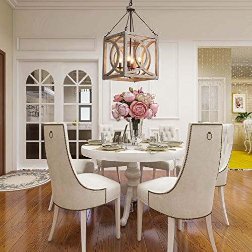 Farmhouse 4-Light Wood Chandelier Rustic Kitchen Pendant Light Fixture Square Wooden Chandeliers Ceiling Hanging Lighting for Dining Room, Island, Foyer,Entryway, Hallway,Bedrooms - Image 3