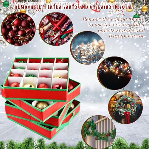 VITEVER Aufbewahrungsbox für Weihnachtskugeln mit Verstellbaren Trennwänden, Aufbewahrungstasche Weihnachten mit 4 Ebenen, Abnehmbar mit Griffen, 64 Kugel-Aufbewahrungsbeutel, 32x32,5x33cm