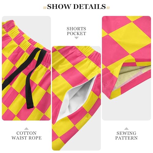 Men's Red Yellow Buffalo Checkered Pajama Shorts with Pocket and Drawstring S4