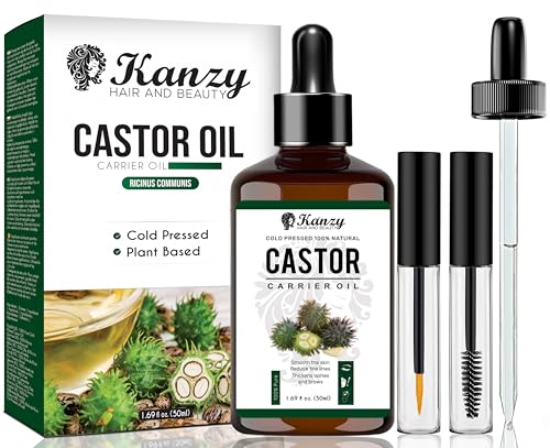 Kanzy Huile de Ricin Bio, Pressée à Froid Pure, Soin 100% Naturel Accelerates, Fortifie Des Cheveux, Barbe, Cils, Sourcils, Ongles, Cuticules la Pousse,...