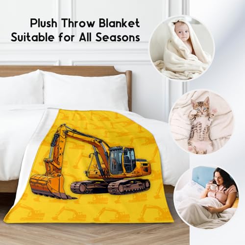 Toddler Blankets for Boys, Cozy Soft Excavator Throw Gifts for Kids, Yellow Flannel Construction Blankets for Bed Couch, 60x80 Inches