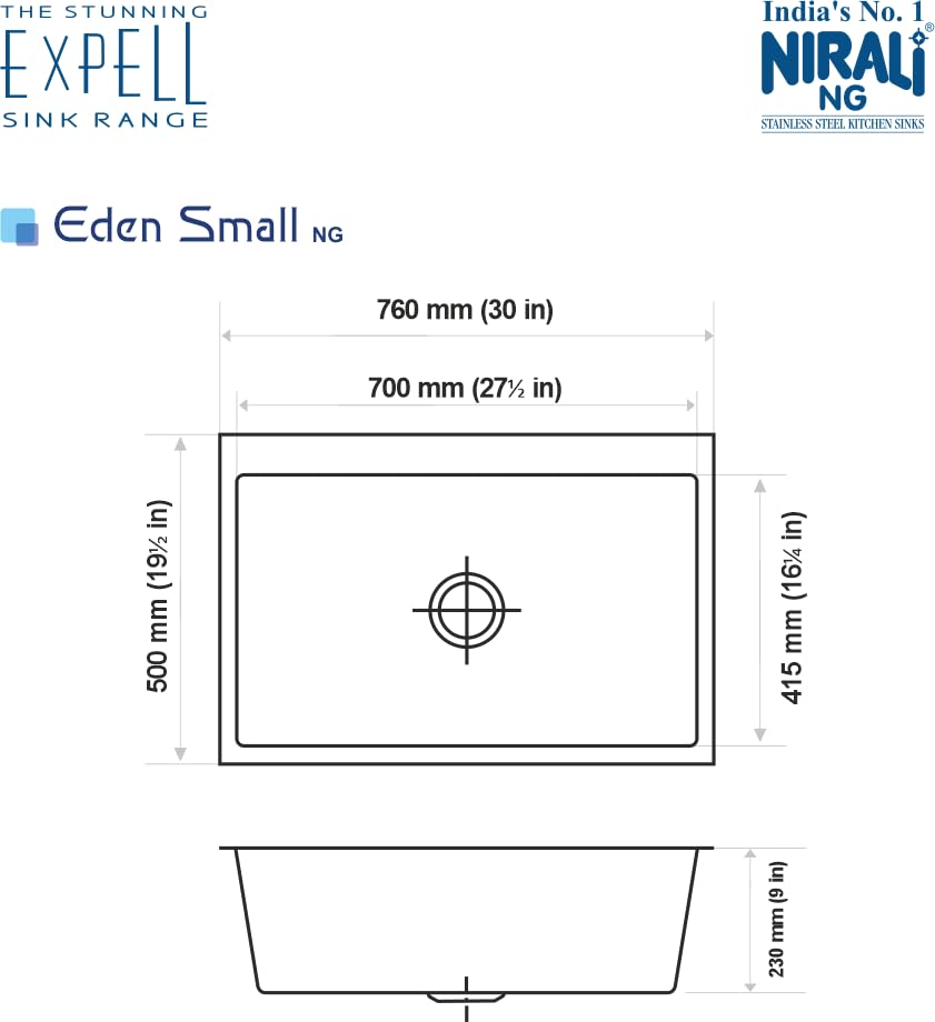 Image of NIRALI Kitchen Sink 30 x 20 Square with 1.2MM 304 Stainless Steel | Single bowl Sink Round Coupling | Rust & Stain Resistant | Matt Finish | Minimizes Sound Edan Square Sink (Edan - 30 inch x 20 inch 1.2MM)