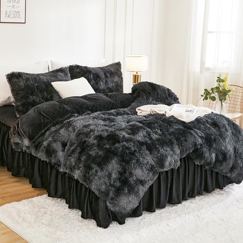 Andency Tie-Dyed Black Grey Comforter King Size, 3 Pieces Fluffy Faux Fur Warm Soft Fuzzy Plush Bedding Comforter Set, Thick Heavy Puffy Comfy Bedding Sets