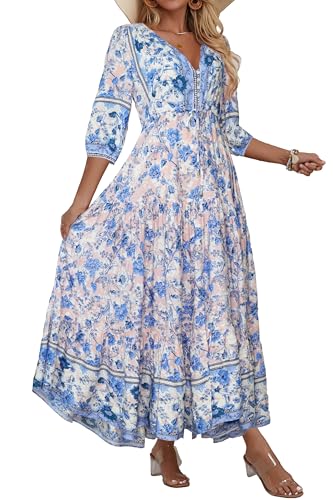 Image of Women Short Sleeve V Neck Floral Print Casual Bohemian Maxi Dresses