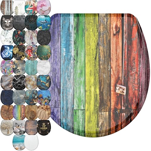 SANILO Wooden Toilet Seat with Soft Close [ROUND] - Decorative Quiet & Slow Close Molded Wood Seat - With Strong Bumpers & Hinges - Adjustable Fit (Rainbow)