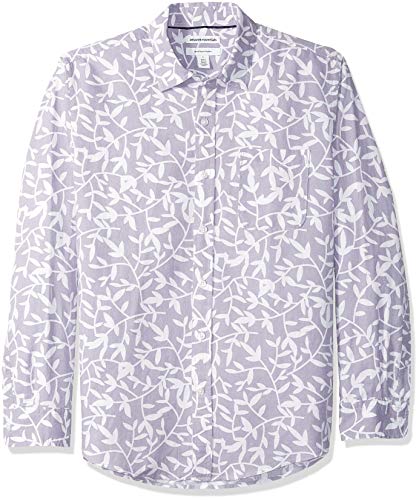 Amazon Essentials Men's Regular-Fit Long-Sleeve Print Linen Shirt, Lavendar Leaf, X-Large