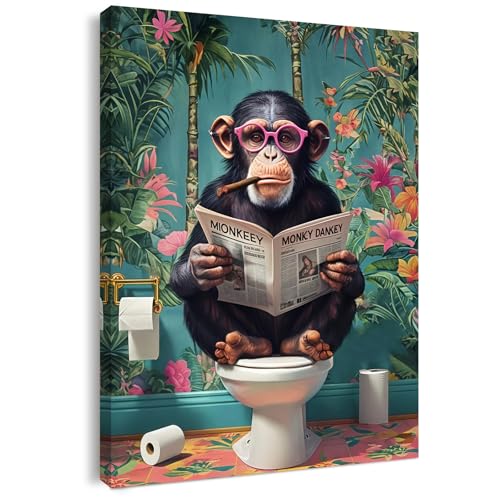 Qiukoo Funny Monkey Bathroom Wall Art Waterproof Framed Canvas with Hanging Hooks Toilet Wall Picture of Monkey Reading Newspaper Humorous Bathroom or Toilet Decoration 12 x 16 Inches