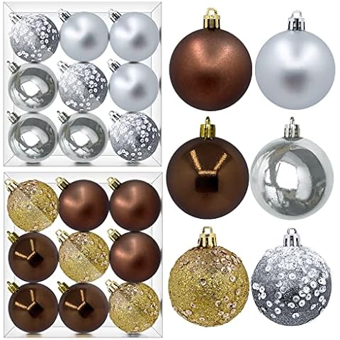 Christmas Tree Ornaments Christmas Balls,18ct Christmas Tree Decorations Christmas Ornaments for Xmas Tree, 2.36in Shatterproof Christmas Hanging Ornaments for Tree Holiday Decoration-Silve,Brown,Gold Cover
