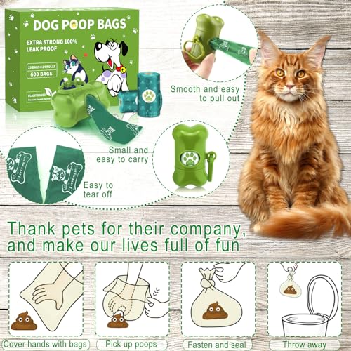 JEDWKFA 600 Stück/24 Rollen Hundekotbeutel, Auslaufsichere und extra dicke Kackbeutel für Hunde, mit Spender, Taschen für Hunde, Geeignet für den Außenbereich, Hundekotbeutel mit duft, tragbar, Grün