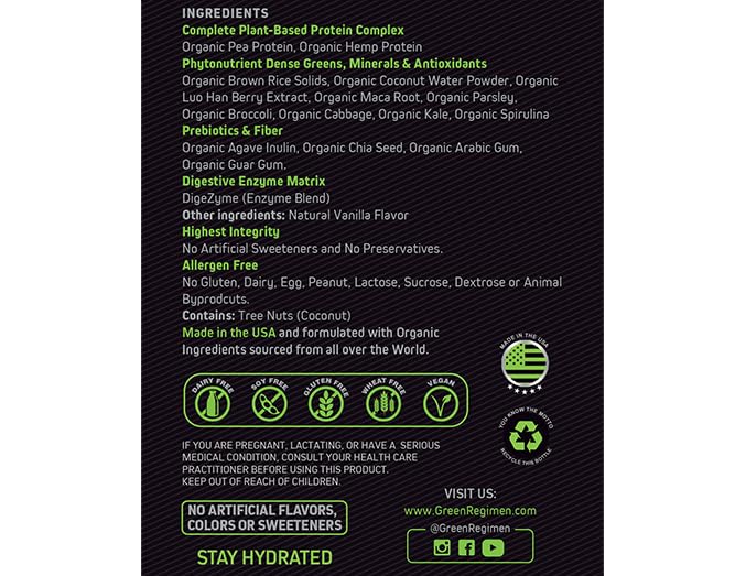 Green Regimen Elite Plant-Based Protein Powder - 25g Complete Hemp & Pea Protein, Meal Replacement High-Protein Vegan Shake, NonGMO, Gluten-Free, Dairy-Free, Low Carb - (Vanilla - 1 Month Supply)