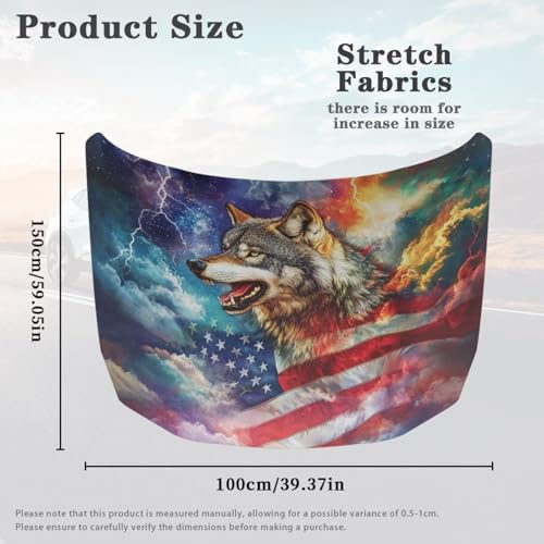 Image of Car Hood Cover 59x39 Inch Stretchable Wolf and American Flag Print Auto Hood Wraps Waterproof Auto Outdoor Decorations for Compact Sedans SUV Trucks Minivan