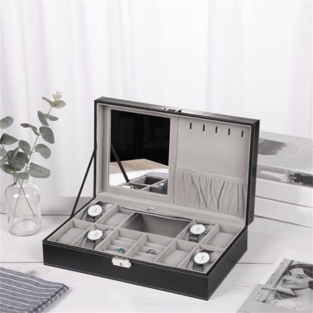 XBTGS Uhren-Box, Schmuck-Organizer, Schmuck-Präsentationsbox, Ohrring-Aufbewahrungs-Organizer mit oberem Spiegel,