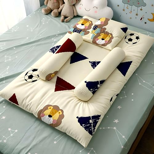 Image of StarAndDaisy Newborn Baby Bedding Set, Baby Bed Soft & Breathable, Godari Boys & Girl Design, Cushioned Mattress Sheet with 2 Side Bolster Pillows & 1 Head Pillow -Teddy Print