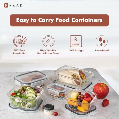 Image of Razab 35 Pc Set Glass Food Storage Containers with Lids - Meal Prep Airtight Bento Boxes BPA-Free 100% Leak Proof (15 lids,15 glass & 5 Plastic Sauce /Dip Containers)