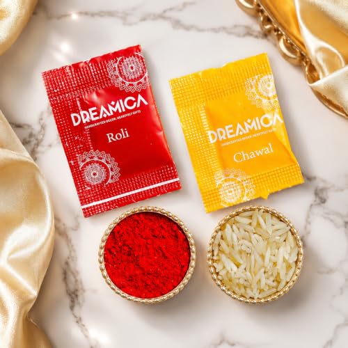 Image of Dreamica Set of 2 Designer Rakhi for Brother | Combo with 'My Brother Is Awesome' Fridge Magnet, Tilak Set (Roli-Chawal), and Greeting Card | Best Rakhi Gift For Brother (Rakhi-92)
