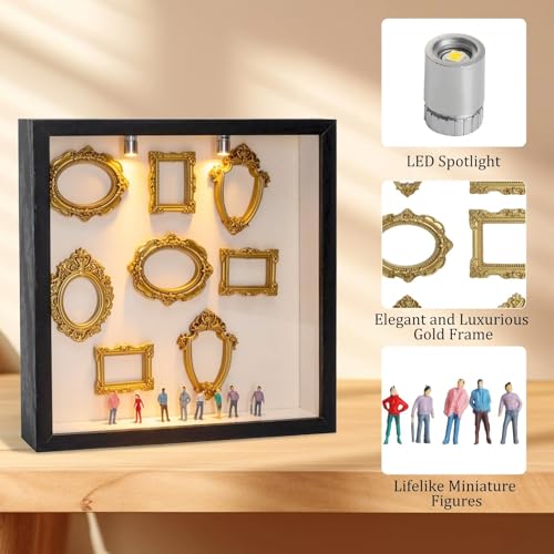 DIY Mini Museum Silhouette Box Foto Erinnerungsanzeige Set mit 8 Mini Goldene Rahmen 10 Mini Menschen Figuren Museum Kreatives Bilderrahmen zum Befüllen mit LED Licht für Jahrestag Hochzeit Dekoration
