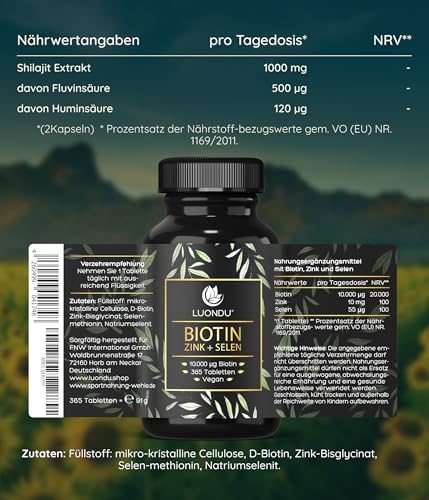 Biotin hochdosiert – 10.000 mcg pro Tablette (365 vegane Tabletten, 1 Jahr) – Zink Selen Komplex – Mit Biotin, Zink und Selen – Verpackung kann variieren