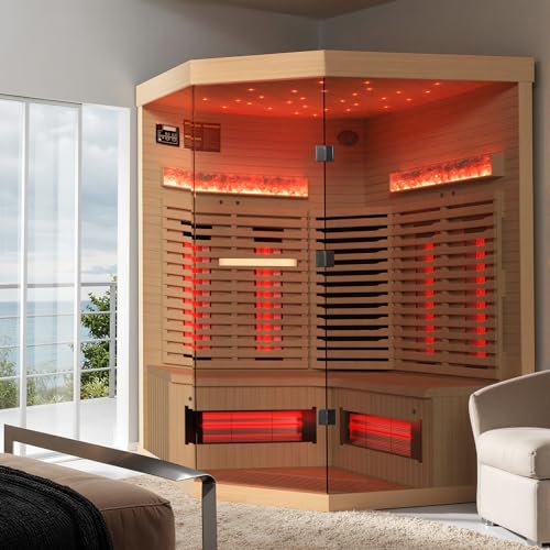 BNEHS Infrared Sauna,3-4 Person Home Sauna with Himalayan Salt Brick,Original Corner Sauna Spa Room with 7 Color Starry Sky Top,Canadian Hemlock & Tempered Glass, 220V