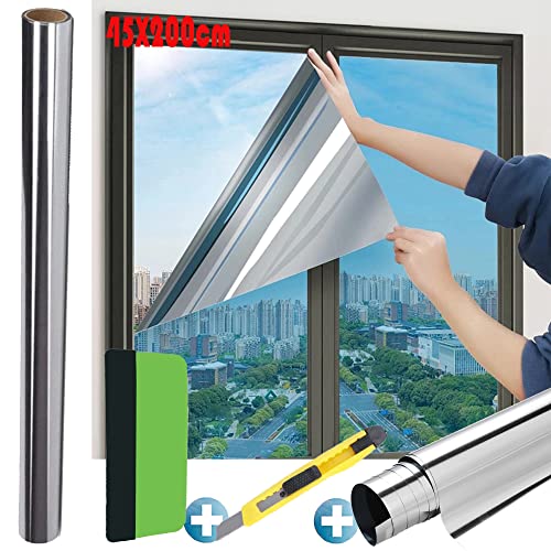 Protector solar para ventana interior, protección UV, protección solar, ventana interior, exterior, lámina reflectante plateada, lámina protectora solar sin residuos (45x200 cm)