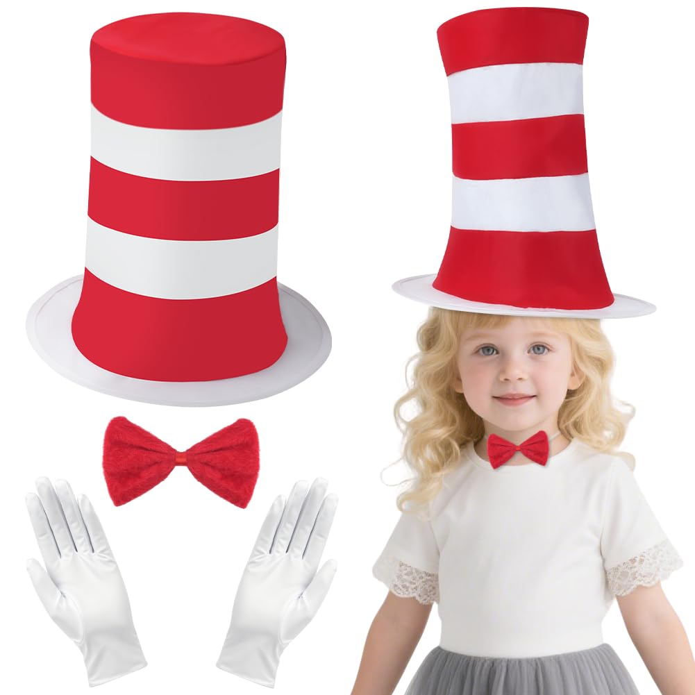AUYAO Kostium kota dla dzieci, kostium szalonego kota, kostium The Cat In The Hat kostium Grinch kostium dla dzieci, w paski, czerwony kapelusz, czerwona muszka, białe rękawiczki, ogon kota, kostium